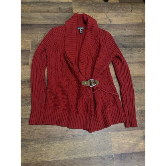 Lauren Ralph Lauren Buckle Clasp Knit Cardigan Sweater Red M - Picture 1 of 4
